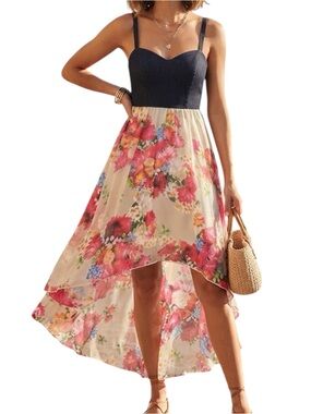 POINT USA Denim Floral Sweetheart Mixed Media Hi-Low Dress Boho Country M